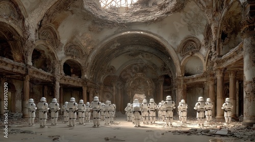 Imperial Garrison in a Derelict Cathedral: A Scene of Futuristic Occupation