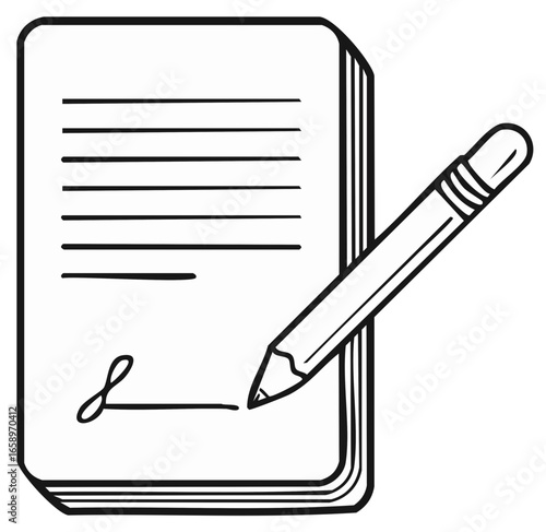Contract signing with pencil illustration, legal agreement, outline drawing, paperwork and signature, document on paper