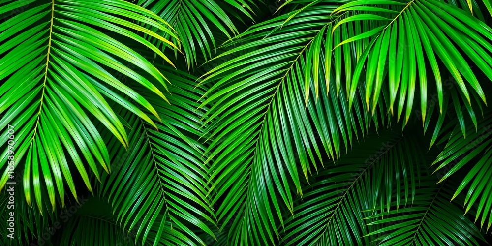 Fototapeta premium Lush green palm leaves, tropical foliage background, background, plant background