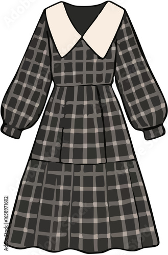 Fashion illustration of a dark plaid tiered midi dress with a white Peter Pan collar and puff sleeves.