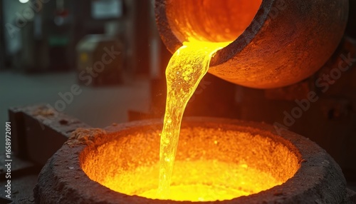 Molten metal cascades into crucible in industrial foundry. Liquid gold glows with intense heat, showing viscous flow of metal during manufacturing. Close-up detail captures power, energy of