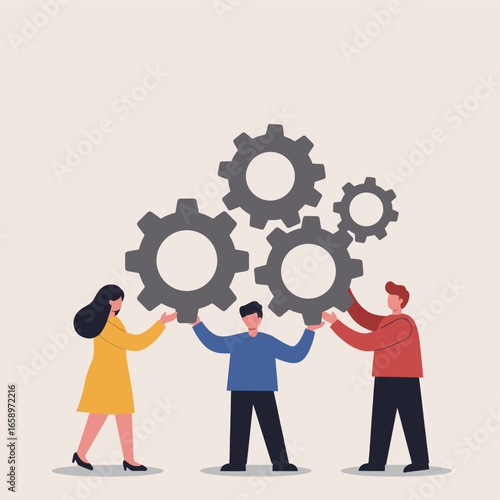Teamwork and Collaboration with Gear Icons in a Flat Design