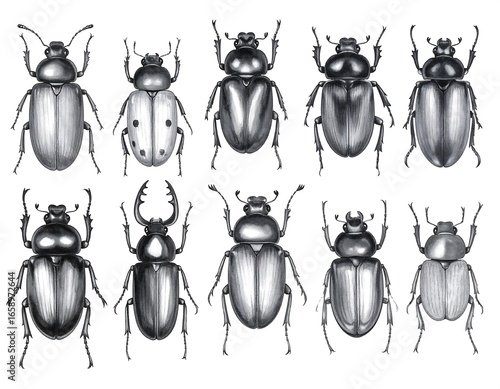 Detailed grayscale drawings of various beetle species
