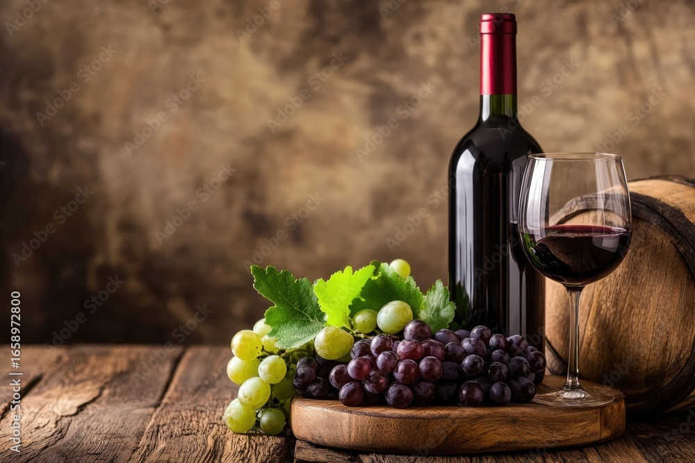 Fototapeta premium Red Wine Bottle, Glass, Grapes, and Wooden Barrel on Table
