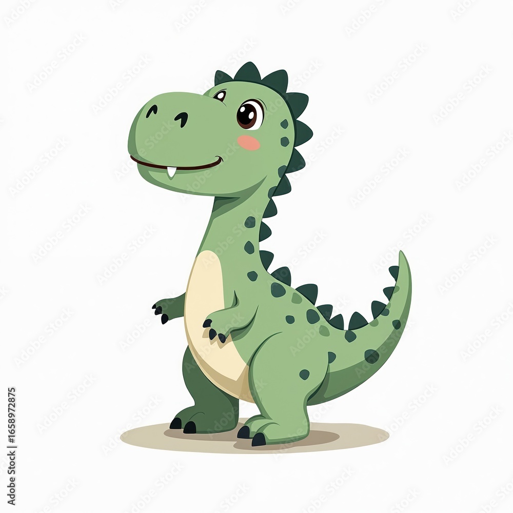 Fototapeta premium Cute cartoon Tyrannosaurus Rex dinosaur illustration. Green T-Rex with dark spots, big eyes, blushing cheeks, friendly smile. Prehistoric reptile art, perfect for kids educational content,
