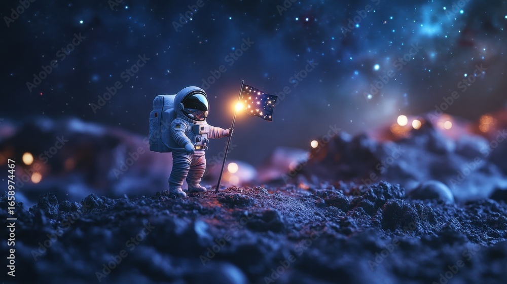 Fototapeta premium Astronaut Standing on Moon Surface Holding Flag Against Starry Sky