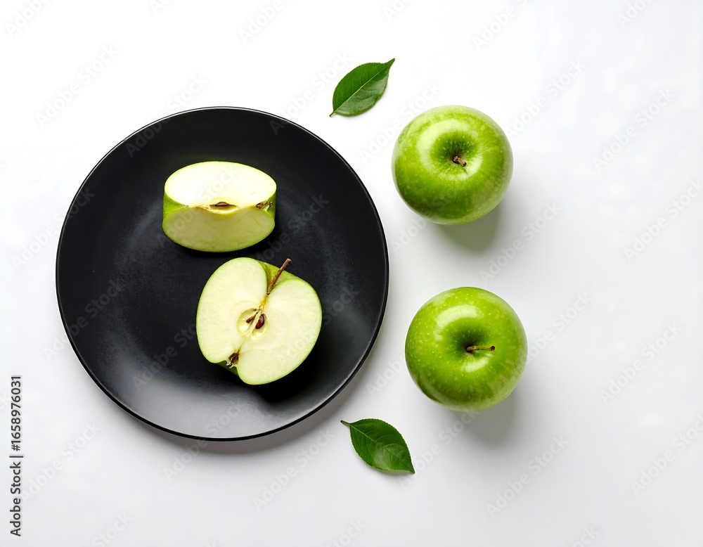 Obraz premium Fresh green apples sliced and whole on a black plate