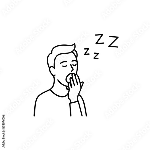A simple black line art illustration depicts a sleepy person yawning widely, covering their mouth, with Zzz symbols indicating exhaustion or boredom.