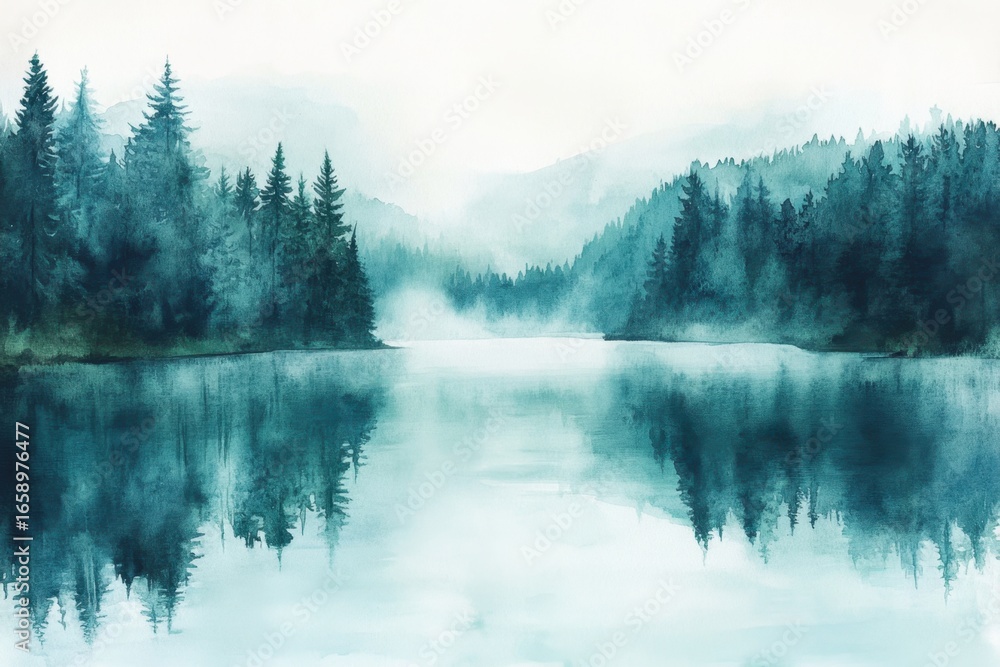 Fototapeta premium Serene Misty Landscape Reflection of Evergreen Forest and Water