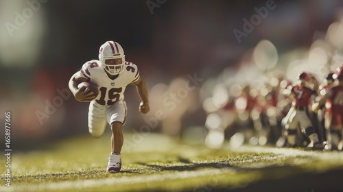 Tiny Football Player Running with Effort on Bright Green Field