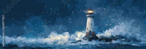 A lighthouse stands strong amidst stormy seas at night