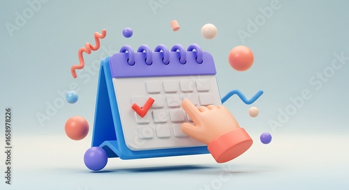 3d cartoon calendar with finger marking a date and festive elements