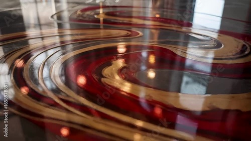 Abstract Red and Gold Swirl Epoxy Floor Design