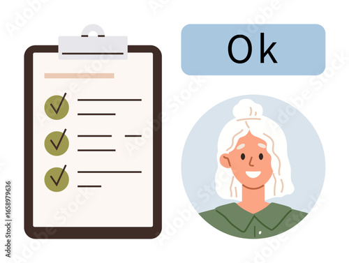 Clipboard with checklist marked complete, smiling woman portrait, approval text. Ideal for task completion, productivity, teamwork, organization, achievement verification workflow. Simple flat
