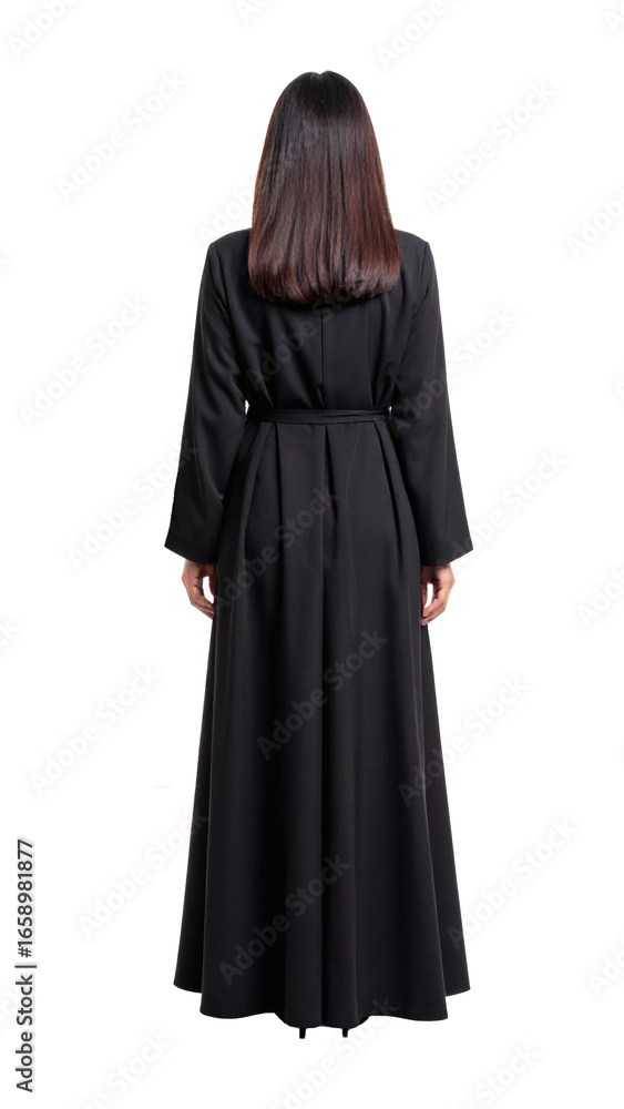 Naklejka premium Elegant woman in sophisticated black dress, perfect for fashion, business, or professional use