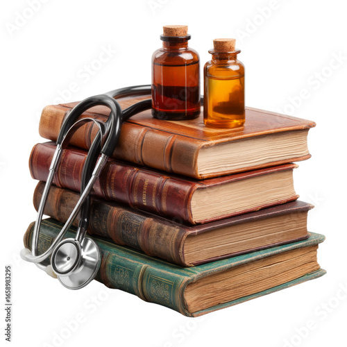 Books stacked with medical bottles and stethoscope symbolize healthcare knowledge and practice. This evokes sense of learning and professionalism in medical field