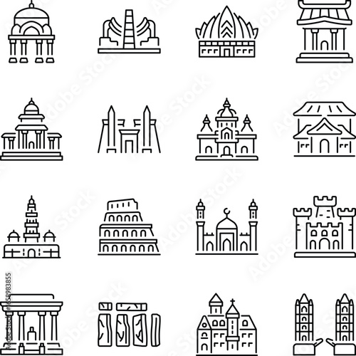 Set of Ancient Buildings Linear Icons 