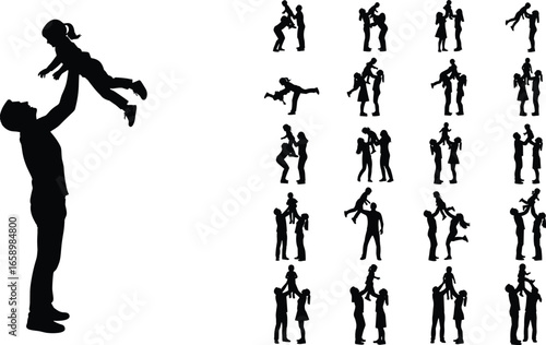 Father lifting child silhouette, joyful family bonding, playful parent-child moments, happy childhood memories, emotional connection 