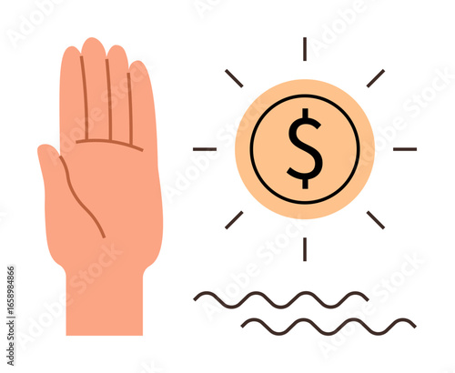 Open hand raised in halt gesture beside glowing dollar coin with radiating lines. Wavy lines beneath suggest flow of money. Ideal for finance, savings, ethics, caution, economy, mindfulness