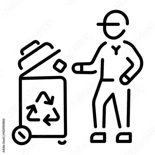 A linear icon depicting a character composting waste