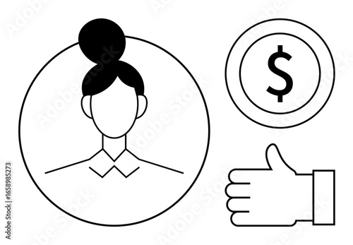 Female profile portrait in a circle, dollar icon, and thumbs-up gesture represent finance, approval, teamwork, trust, recognition, personal identity and success. Ideal for simple landing page