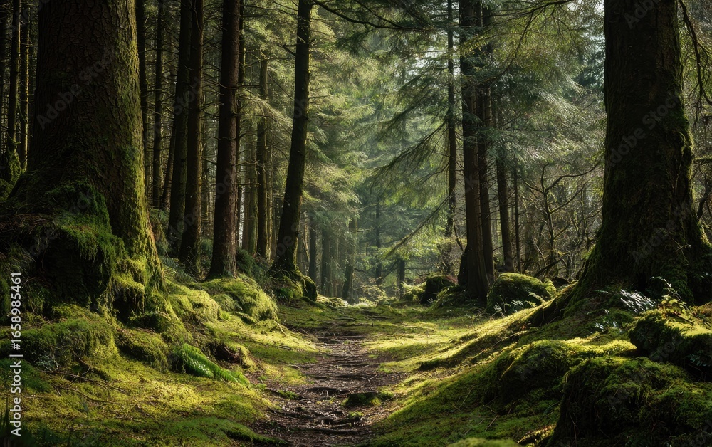 Obraz premium Lush forest path in a mossy woodland