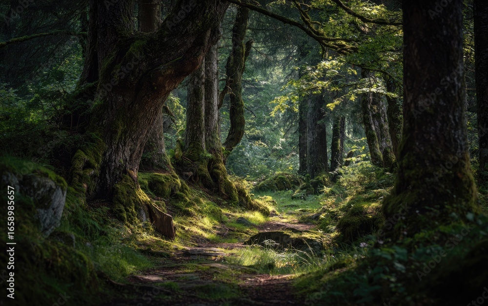 Naklejka premium Sunlit path through a dense, mossy forest