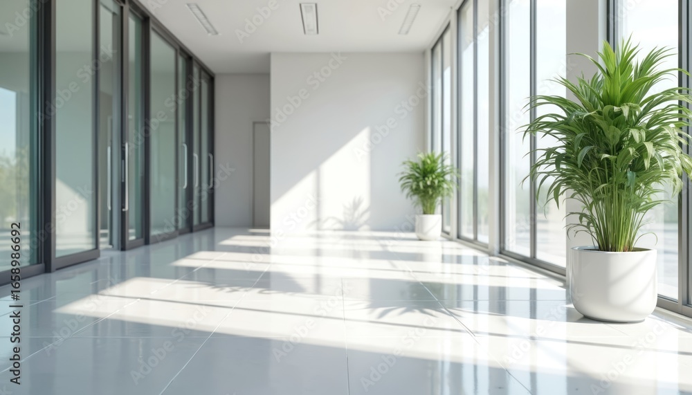 Fototapeta premium Modern office interior hallway with polished white epoxy floor. Bright, spacious, minimalist design with large windows casting sunlight. Clean, contemporary architecture creates pro, airy business