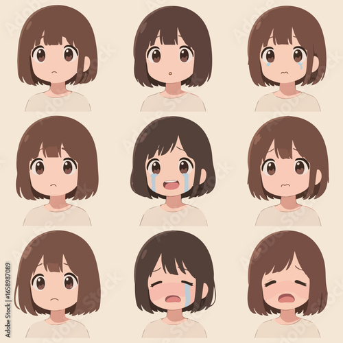 Nine Illustrations of a Cute Anime Girl Showing Different Sad Emotions