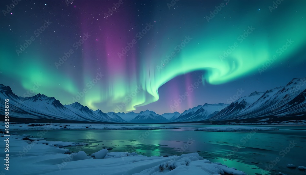 Naklejka premium Aurora Borealis Over Arctic Snowscape