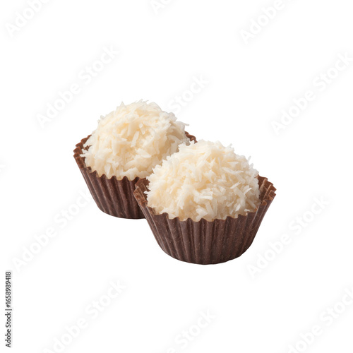 Two Delicious Coconut Candy Balls in Brown Paper Cups