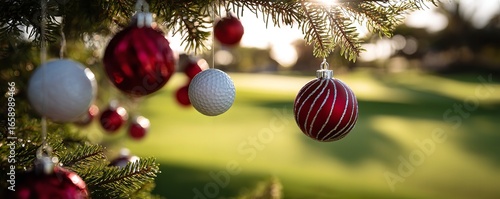 Festive Christmas decorations on pine tree with red and white ornaments, blurred golf ball on fairway background combining sports and holiday theme