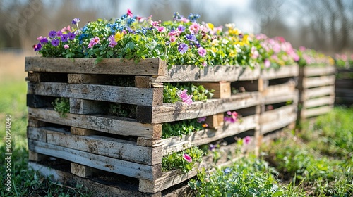 Rustic pallet flower beds with colorful pansies creating a vibrant garden display