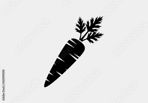 Illustration of a carrot with leaves on a light background.