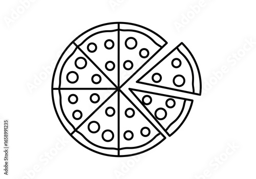 A simple black and white line art illustration of a pepperoni pizza cut into eight slices, with one slice being taken.