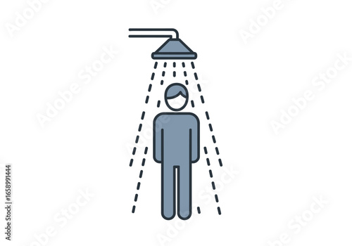A minimalist vector icon of a person standing under a shower head with water falling, symbolizing hygiene and bathing.