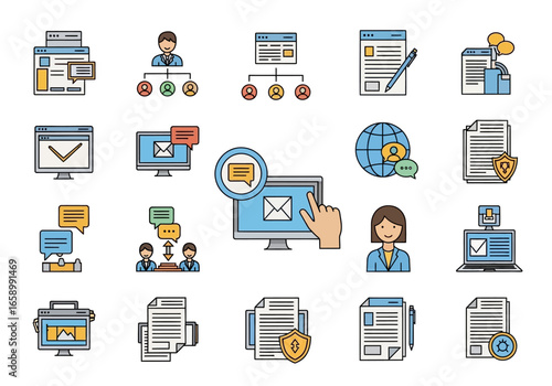 Collection of various colorful icons representing digital communication, business, and data management concepts.
