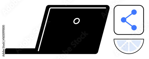 Minimalist laptop icon with blue connected nodes symbol and circular segmented graphic. Ideal for technology, data sharing, collaboration, networking, analytics, business, and simple landing page