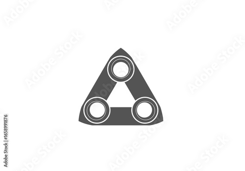A minimalist graphic icon of a grey triangular fidget spinner with three bearings, isolated on a plain white background.