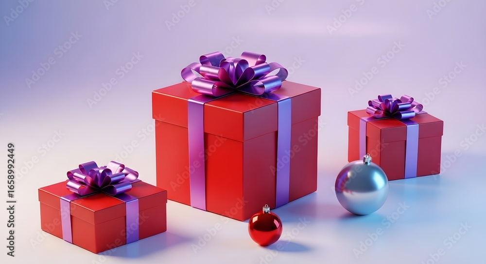 Fototapeta premium Three red gift boxes with purple ribbons and ornaments, ready for celebration.