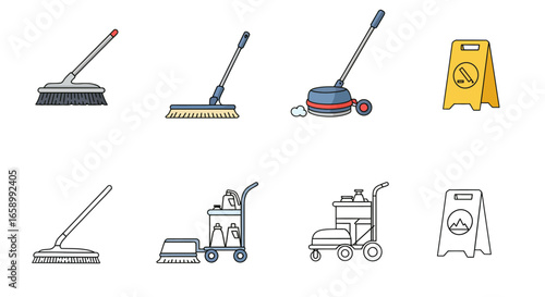 Illustrations depicting various cleaning tools and a caution sign, showcasing different cleaning equipment.
