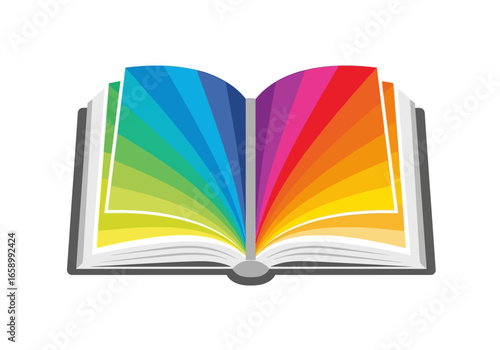 Open book with rainbow colored pages illustration.