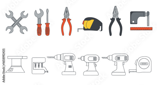 An assortment of tools, including wrenches, screwdrivers, pliers, measuring tape, drills, and a workbench, arranged in two rows against a white background.