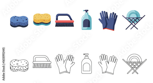 Illustration of cleaning supplies including sponges, brush, dish soap, gloves, and a dish rack with plates, presented in color and outline versions.