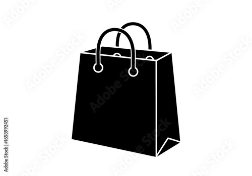 A simple black silhouette of a paper shopping bag with two handles, presented as a graphic icon on a plain white background.