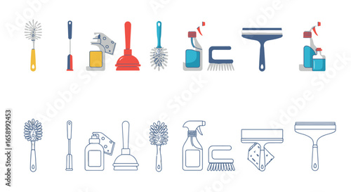 Collection of various cleaning tools and supplies, depicted as simple line and flat icons.