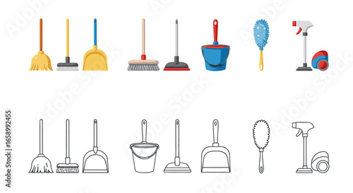 Collection of various cleaning tools, from brooms and dustpans to vacuums and buckets.
