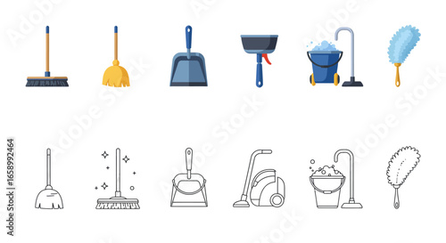 Cleaning supplies icons:  brooms, dustpans, vacuum, mop, bucket, and duster in both color and outline styles.