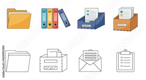 A collection of eight icons representing various office supplies and document management tools, including folders, binders, trays, and envelopes, for organiz...