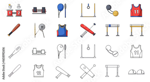 Collection of various sports equipment and athletic apparel, including podiums, weights, and gymnastic apparatus.